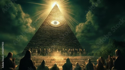 Illuminati meeting at pyramid with all seeing eye symbol under bright sunlight and cloudy sky, secret society gathering