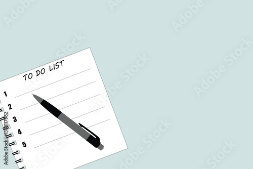 To-do list concept, pen on white paper with handwritten title as to-do list on light blue background, flat view or top view and text space on the right. Writing business project with task priority