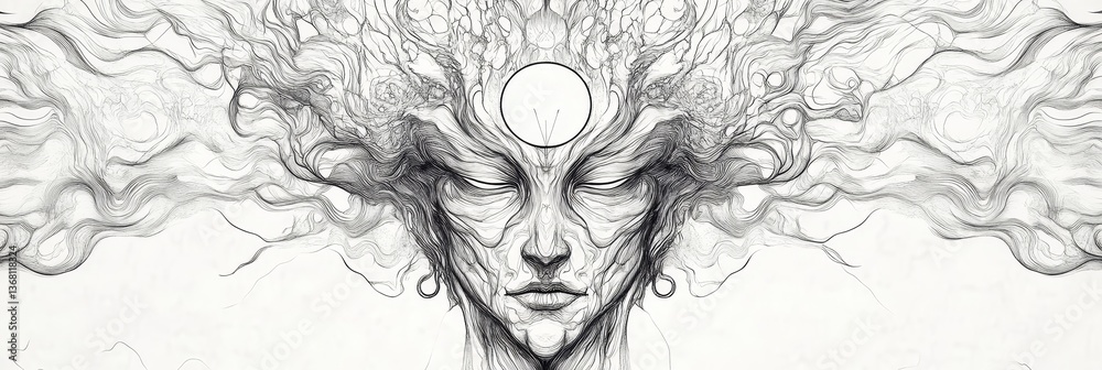 Fototapeta premium Ethereal face drawing with flowing hair and energy.