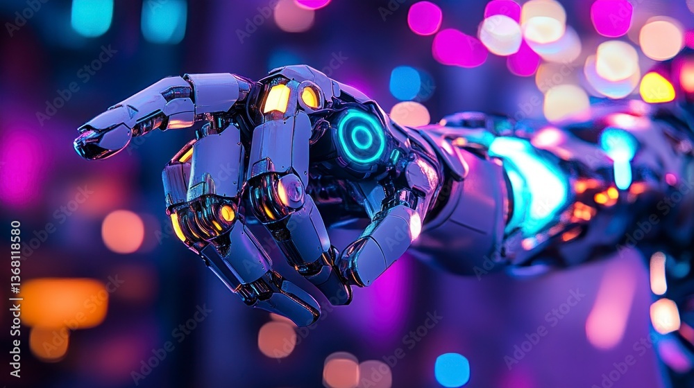 Fototapeta premium Robotic hand pointing, futuristic city lights