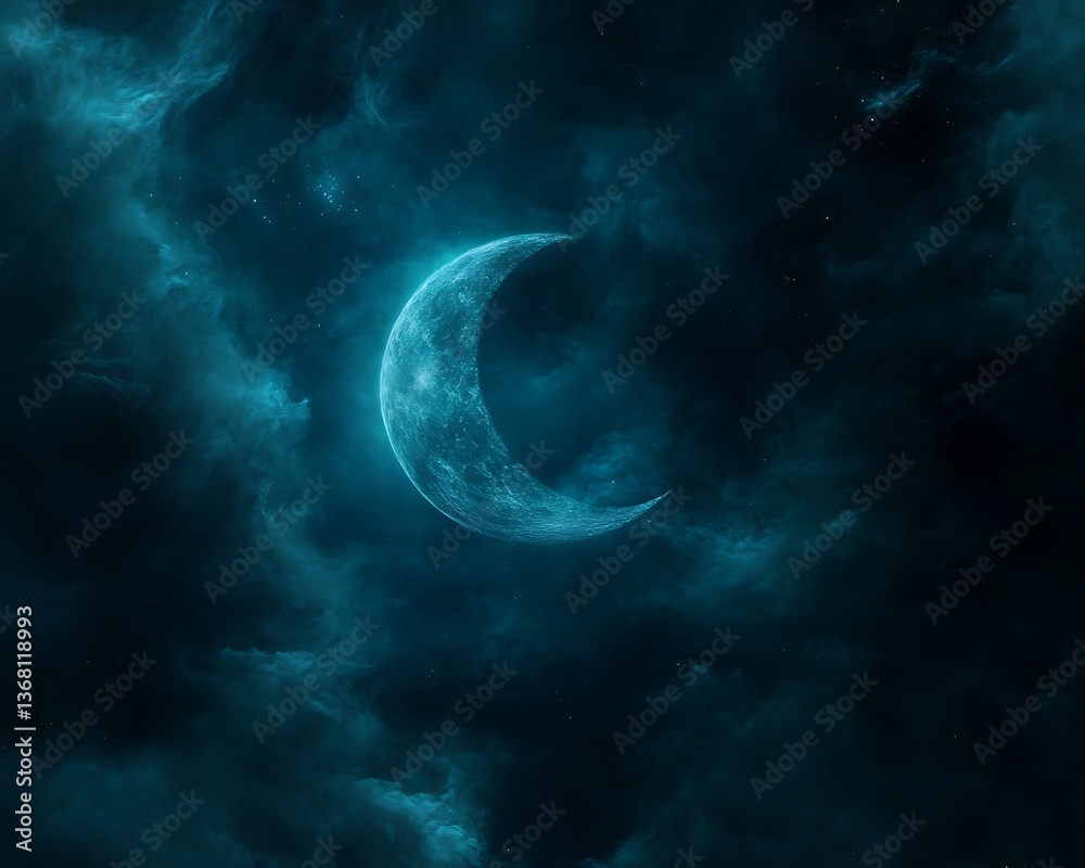 Fototapeta premium A luminous crescent moon glowing amidst ethereal celestial clouds