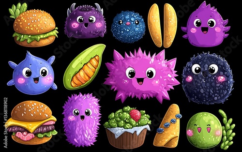 Cute Food  Monster Icons Set.