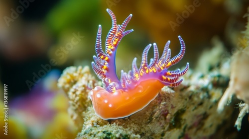 A close-up of a nudibranch, a tiny but beautifully colored sea slug. 