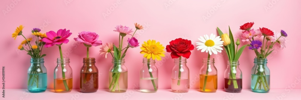 Pastel pink background with various colorful flowers in jars, petals, decor, bloom Pastel pink background with various colorful flowers in jars, petals, decor, bloom