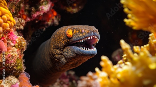 A moray eel lunging from a coral cave, its sharp teeth and vivid colors showing contrast. 