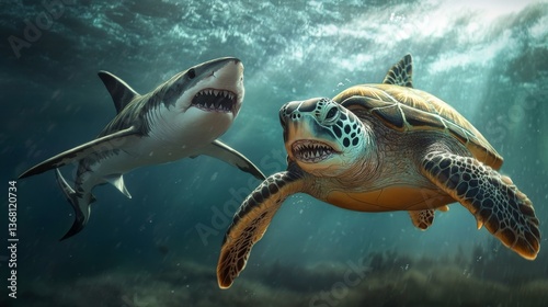 A sea turtle escaping from a tiger shark, a tense moment captured underwater.