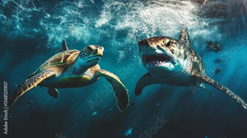 A sea turtle escaping from a tiger shark, a tense moment captured underwater.