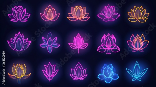 Neon Lotus Flower Vector Icons for Creative Projects