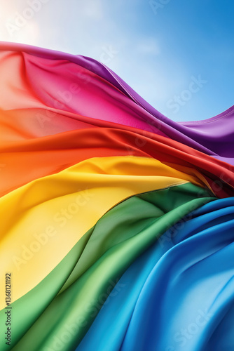 Vibrant rainbow flag waves gently under a bright blue sky during a sunny day