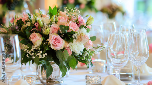 Beautiful floral centerpiece with pink roses and greenery at an elegant dining table, decoration concept