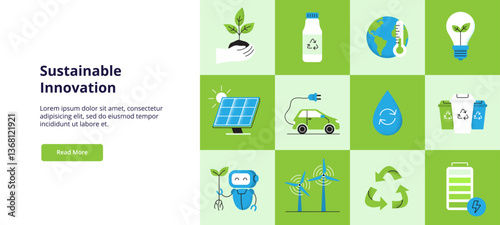 Ecology problems and solutions. Sustainable development concept. Vector illustration for landing page or banner.