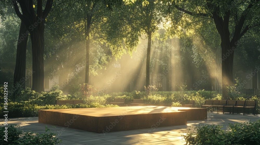 Podium in an urban park, glowing under soft sunlight, surrounded by greenery and benches Podium in an urban park, glowing under soft sunlight, surrounded by greenery and benches
