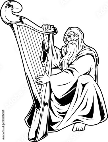 Bragi, der bärtige Gott der Dichtkunst, sitzt mit Harfe in der Hand in ruhiger Pose und spielt ein magisches Lied.