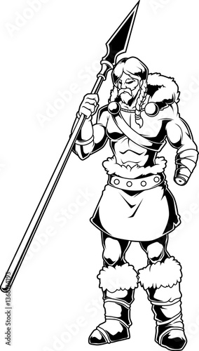 Tyr, einhändiger Gott des Krieges und des Rechts, steht mit Speer in starker Pose – Sinnbild für Mut und Opferbereitschaft.