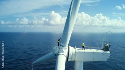 Engineers working at top of wind turbine in sea, aerial view of workers perform maintenance of windmill, concept of energy, power, people