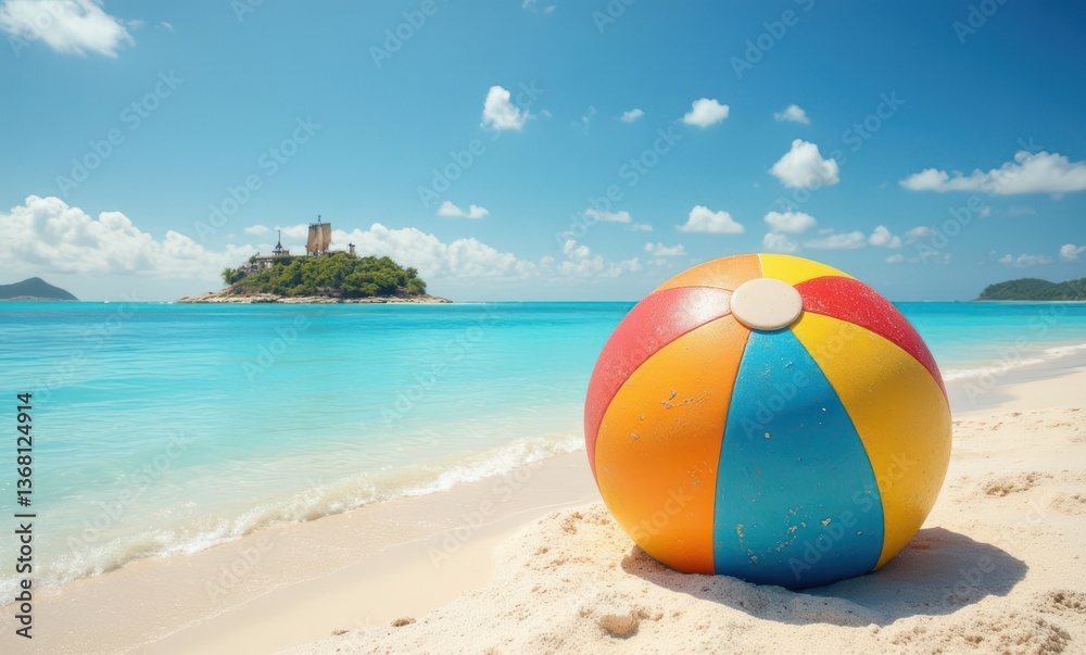 Colorful beach ball on a serene tropical beach. Colorful beach ball on a serene tropical beach.