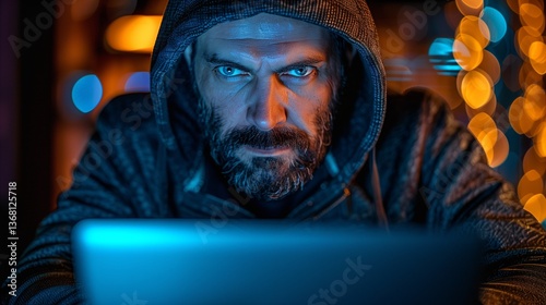 Man in Hoodie Using Laptop with Blue Glow in Dark Room with Orange Bokeh Lights