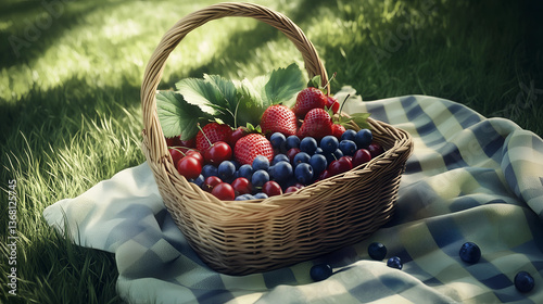 Summer picnic basket filled with fresh berries and cherries on a checkered blanket in the grass