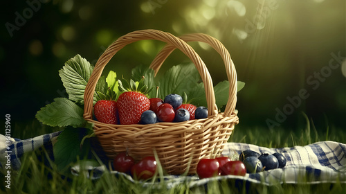 Summer berries in a basket sitting on a blanket in the grass, showing strawberries, blueberries, cherries and leaves