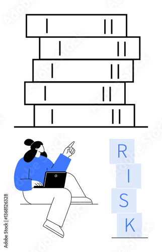 Stacked blocks labeled RISK tumbling as woman with laptop gestures thoughtfully. Ideal for risk management, critical thinking, problem-solving, business strategy, planning, leadership, abstract line
