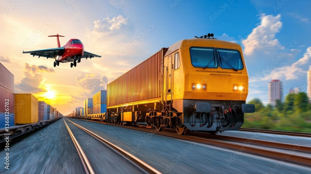 Fototapeta premium Dynamic high-speed train in a professional logistics banner design, highlighting the importance of efficient transportation, supply chain management.