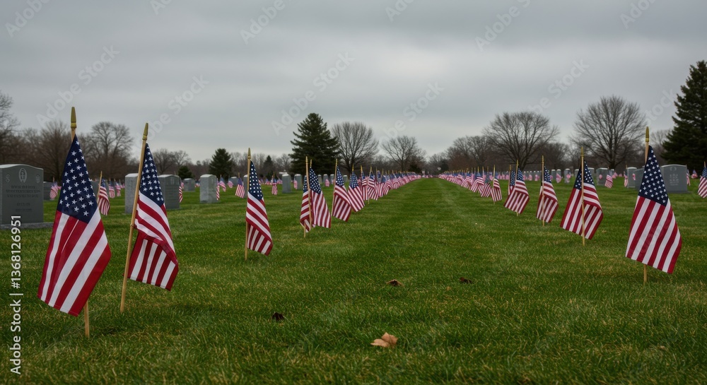 American flags displayed across a green cemetery lawn honoring veterans and remembering their service