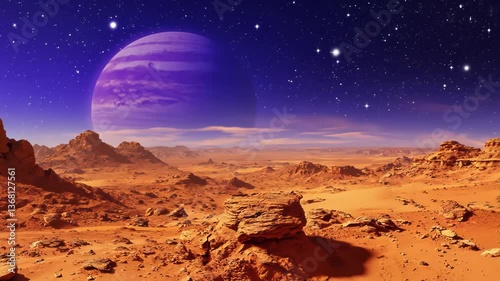 Animation of the surface of Mars, where Jupiter and space stars are clearly visible in the sky, as well as sand, dust and red rocks on the planet. cosmos, stars, opportunity, nebula, solar system