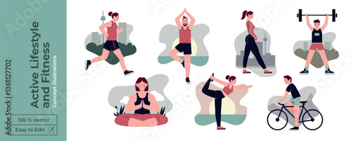 Vector Illustration of Active Lifestyle, Fitness, Urban Running, Jogging, and Workout Concept. Athletes Exercising Outdoors in the City, Using Fitness Apps, Smartwatches, and Headphones for Training