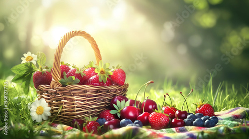 Wicker basket full of strawberries and daisies, along with cherries and blueberries on a picnic blanket in a grassy field