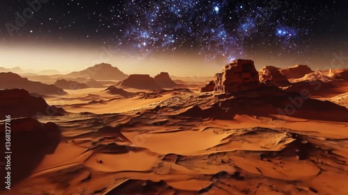 Aerial view of a drone traveling over the surface of mars, where you can see the sand, dust and red and black rocks of the planet. cosmos, stars, opportunity, nebula, solar system, futuristic, journey