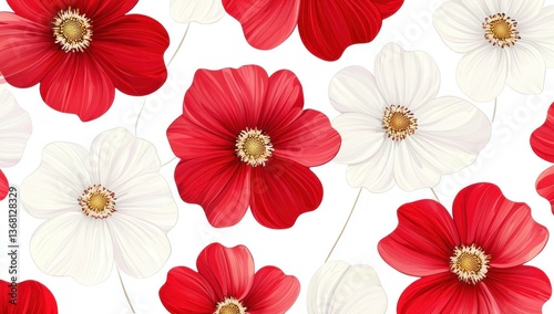 Beautiful floral pattern featuring vibrant red and white flowers with intricate details, perfect for nature themed designs and seasonal events