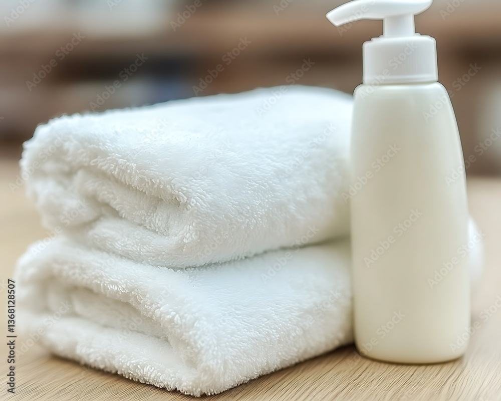 White folded towels and lotion dispenser sit on wood surface White folded towels and lotion dispenser sit on wood surface