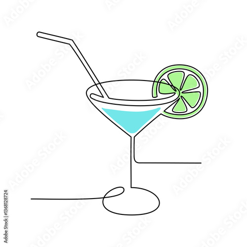 Continuous line drawing. Wineglass with cocktail and lemon. Isolated on white background. Hand drawn color vector illustration. 
