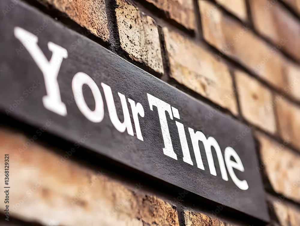 Fototapeta premium Close-Up of Wooden 'Your Time' Sign Mounted on a Rustic Brick Wall