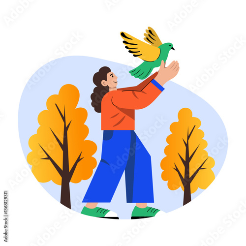 A character releasing dove, flat style illustration 