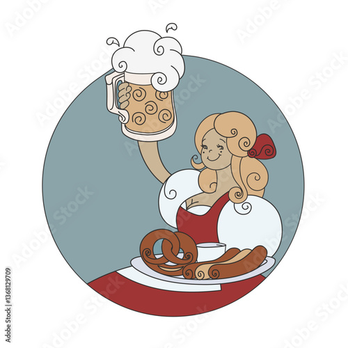 German young woman Cartoon character welcome with beer stein