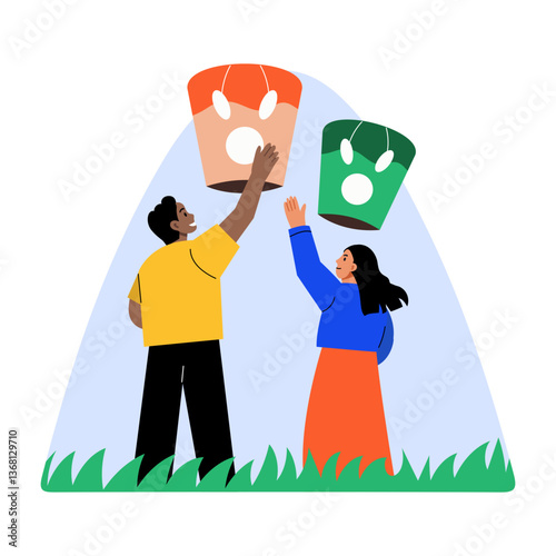 Two characters releasing lanterns in the sky, flat illustration 
