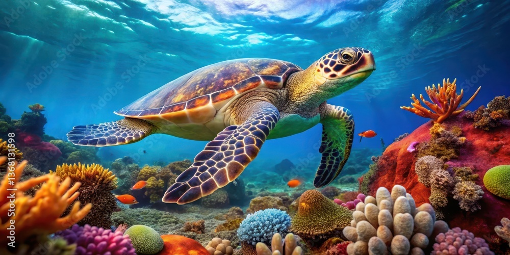 Obraz premium Sea turtle swims under water on colorful coral reef with diverse marine life in the background, sea turtle