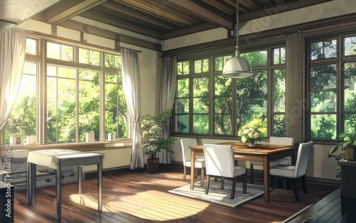 Bright and Airy Dining Room with Large Windows and Natural Light