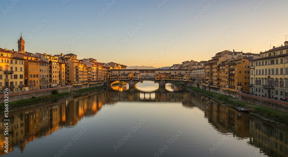 Golden Sunrise Reflecting Calm River Bridge. AI Generated Golden Sunrise Reflecting Calm River Bridge. AI Generated