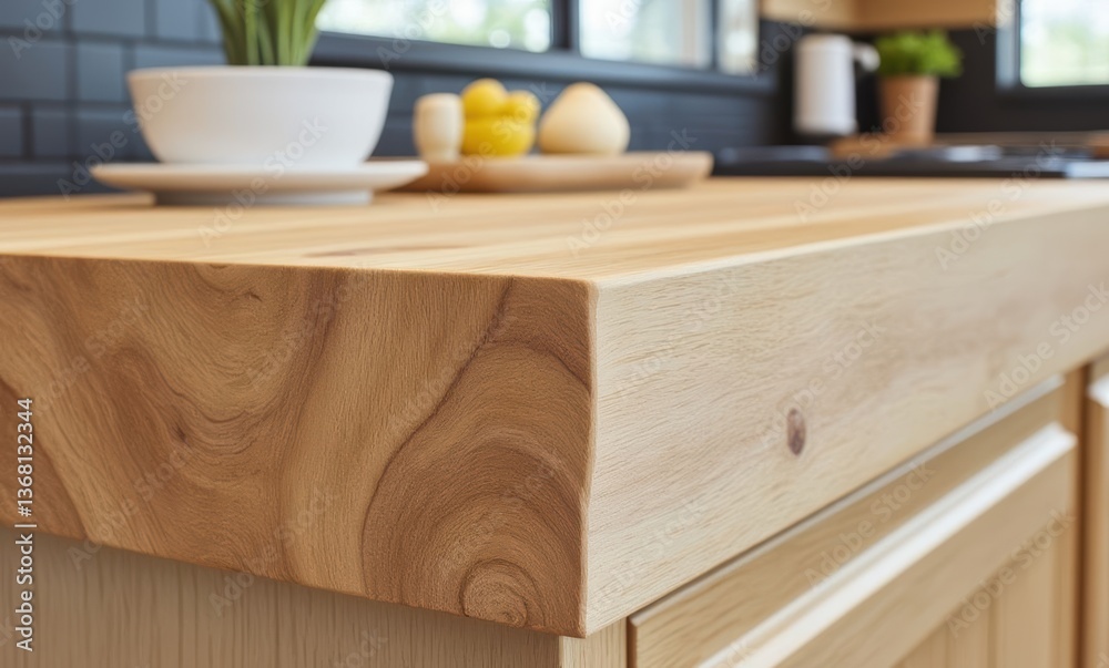 Close-up of a wooden kitchen countertop with decor Close-up of a wooden kitchen countertop with decor