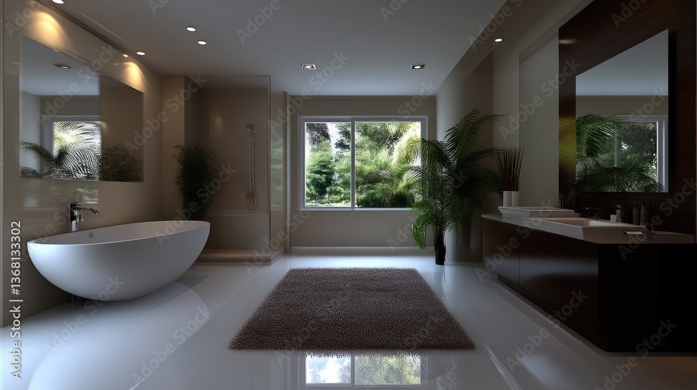 Fototapeta premium Modern bathroom with a view. Features a large, round soaking tub, double vanity, and a window overlooking a lush garden. Neutral color palette, and sleek design elements