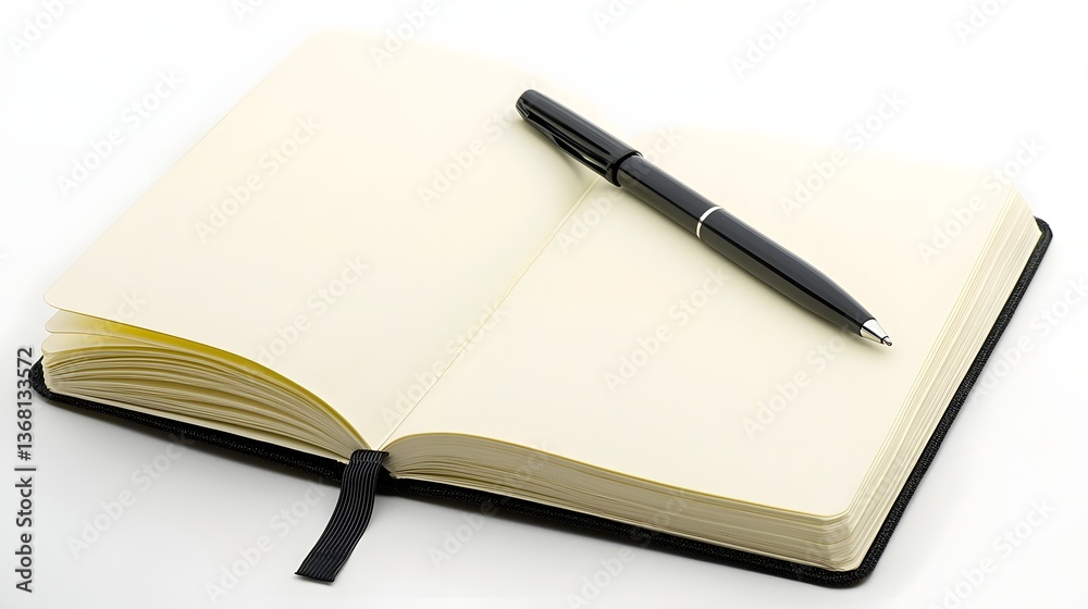 Blank Notebook with Pen on Clean White Desk for Productive Workspace Blank Notebook with Pen on Clean White Desk for Productive Workspace