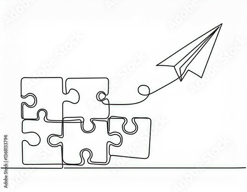 continuous line drawing of paper plane flying up connected with puzzle pieces jigsaw problem solving and solution business metaphor idea concept one single line drawing for thinking process