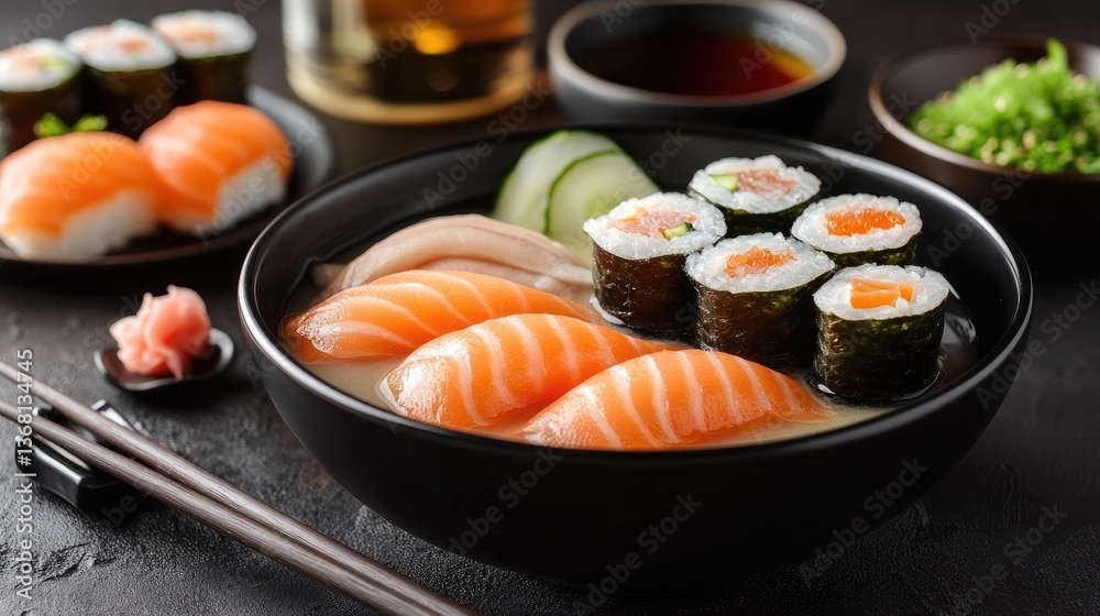 A bowl of miso soup with sushi and sake. A bowl of miso soup with sushi and sake.