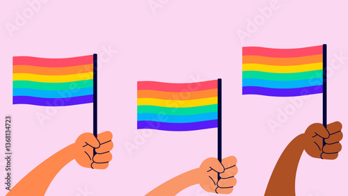 Hand holding rainbow flag. Pride month concept. Modern isolated vector illustration.