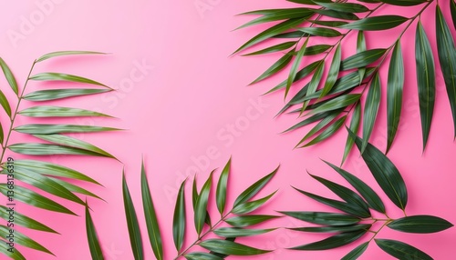Pink background, tropical palm leaves artfully arranged Flat lay summer aesthetic,  summer concept, palm