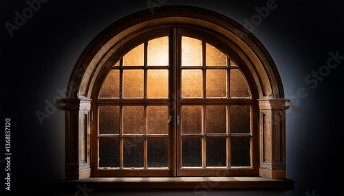 vintage wooden window with arch and glass panes warmly lit from within showcasing a rustic nostalgic charm against a dark background