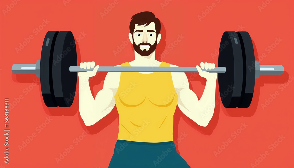 Fototapeta premium Strong man lifting weights against a bright red background 