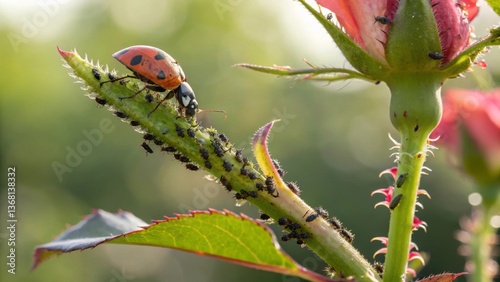 Ladybug actively feeding on aphids on a rose stem, symbolizing natural pest control in a vibrant garden setting with sunlight